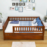 Wooden Full Size Low Kids Bed with Twin Size Trundle and Rails