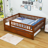 Wooden Full Size Low Kids Bed with Twin Size Trundle and Rails