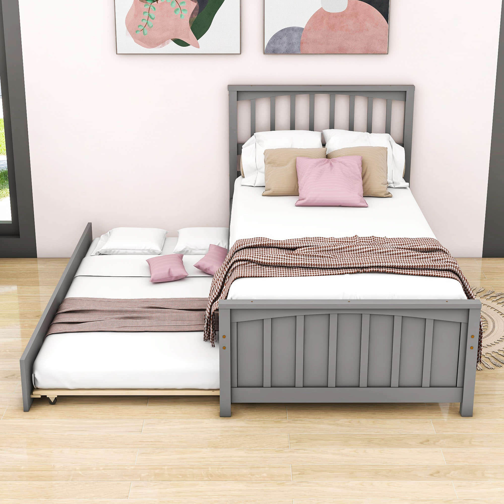 Twin Size Wood Platform Bed with Twin Trundle and Headboard