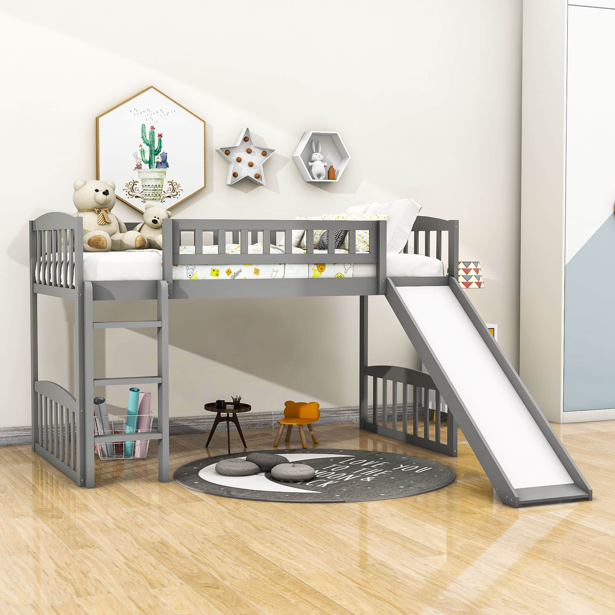 Low Twin Loft Bed with Slide for Kids - [Wood, Interchangeable]