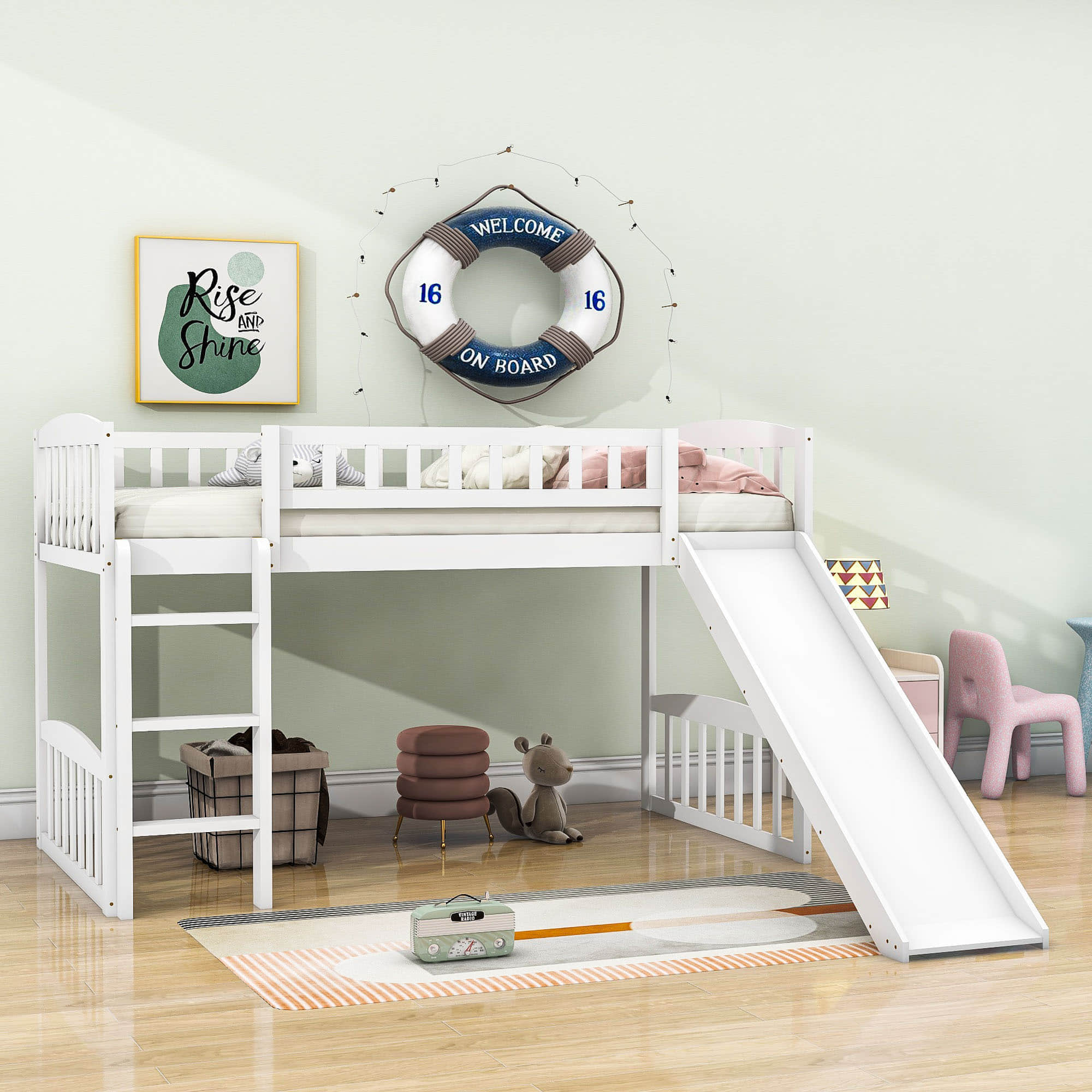 Low Twin Loft Bed with Slide for Kids - [Wood, Interchangeable]