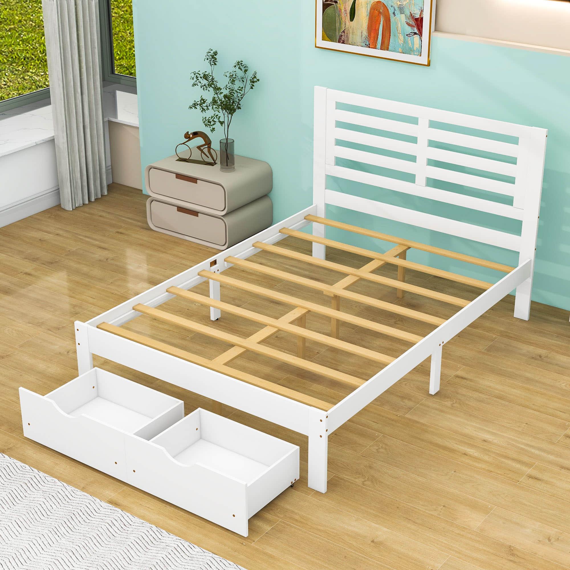 Wood Full Size Platform Bed Frame with Headboard and Storage