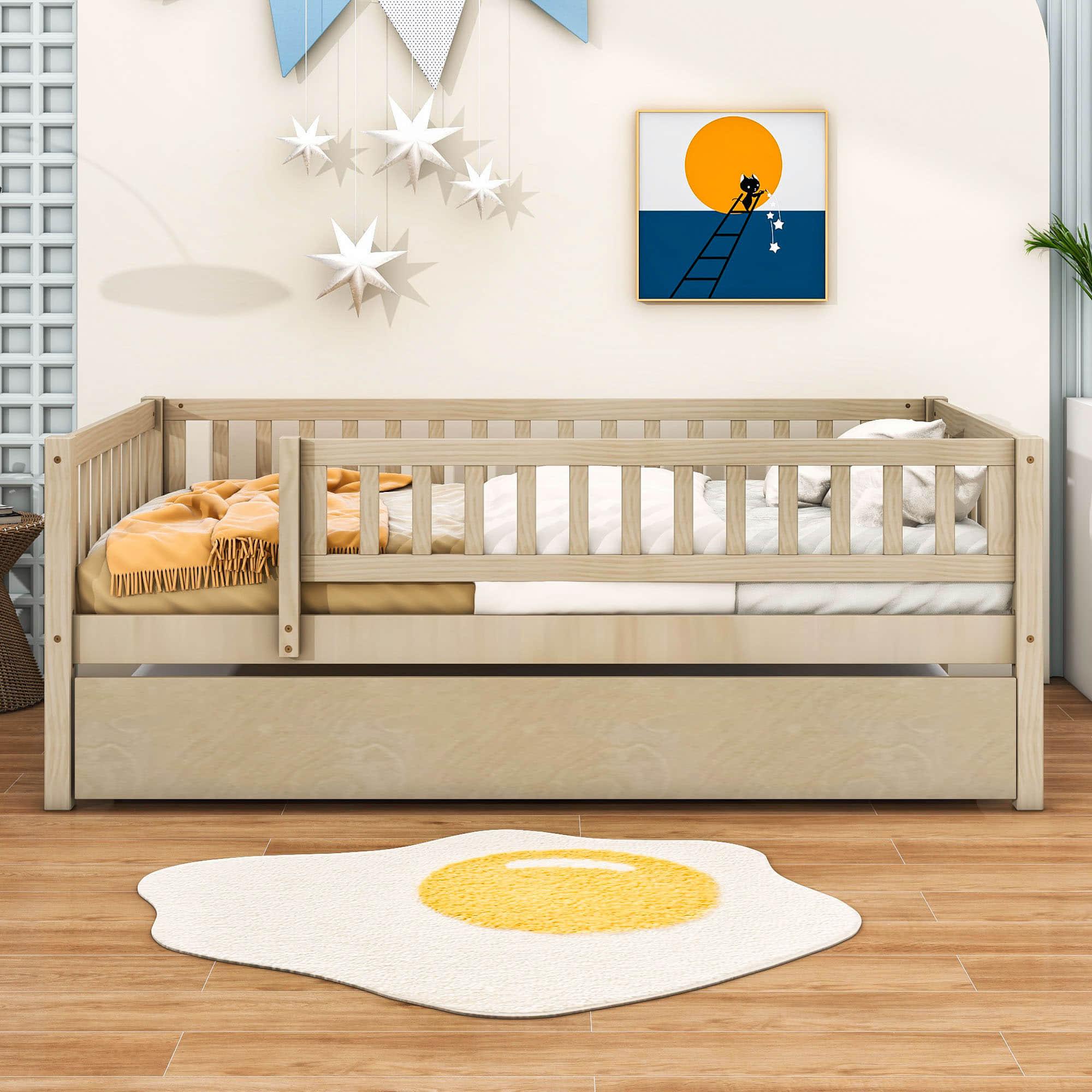 Wooden Twin Low Kids Bed with Twin Size Trundle and Rails