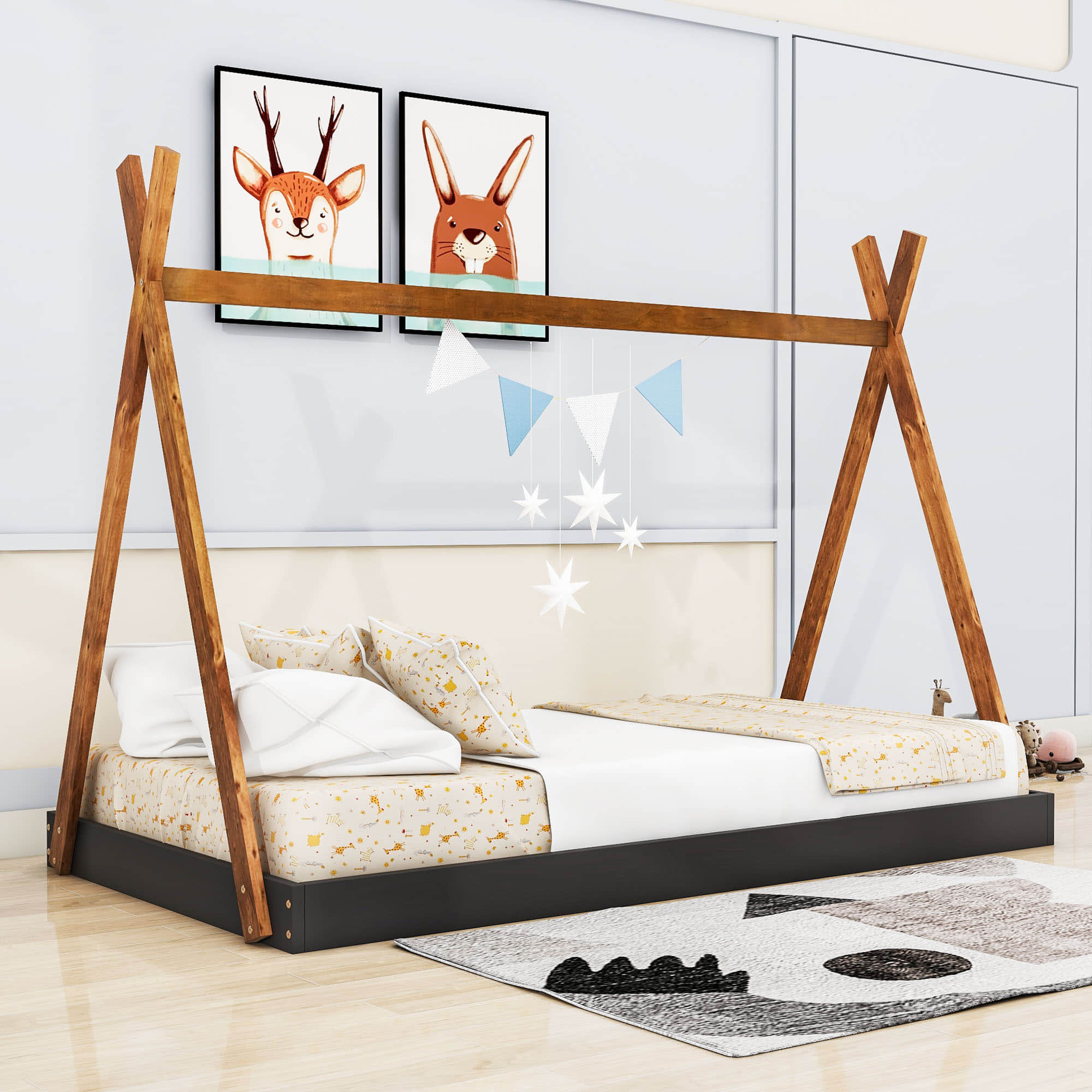 Kids Twin Tent Floor Bed for Toddler - [Montessori, Wooden, Teepee]