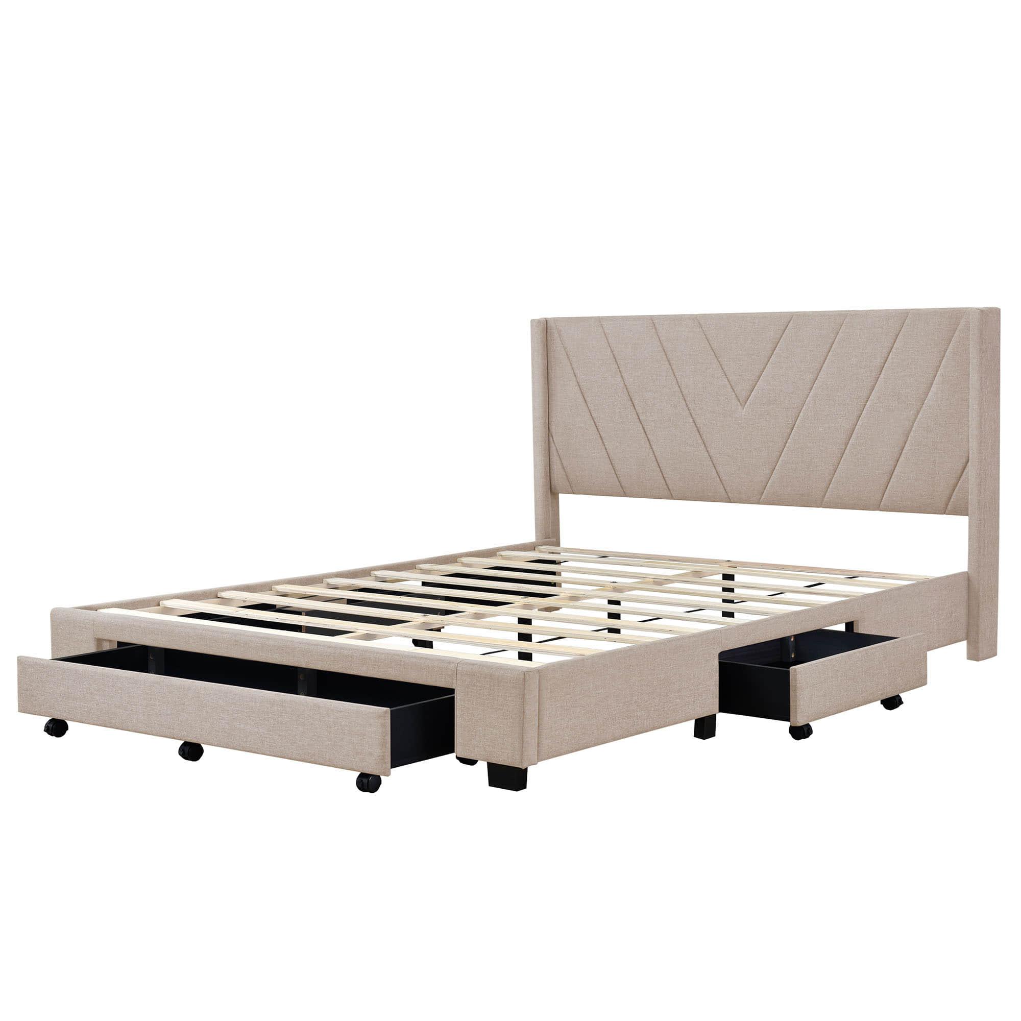 Queen Size Upholstered Platform Bed with Storage and Headboard - [Drawers, Linen]