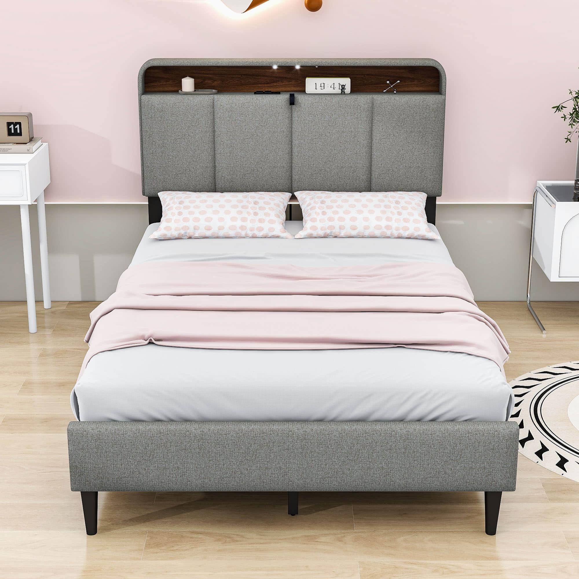 Smart Full Size Platform Upholstered Bed Frame with Storage Headboard