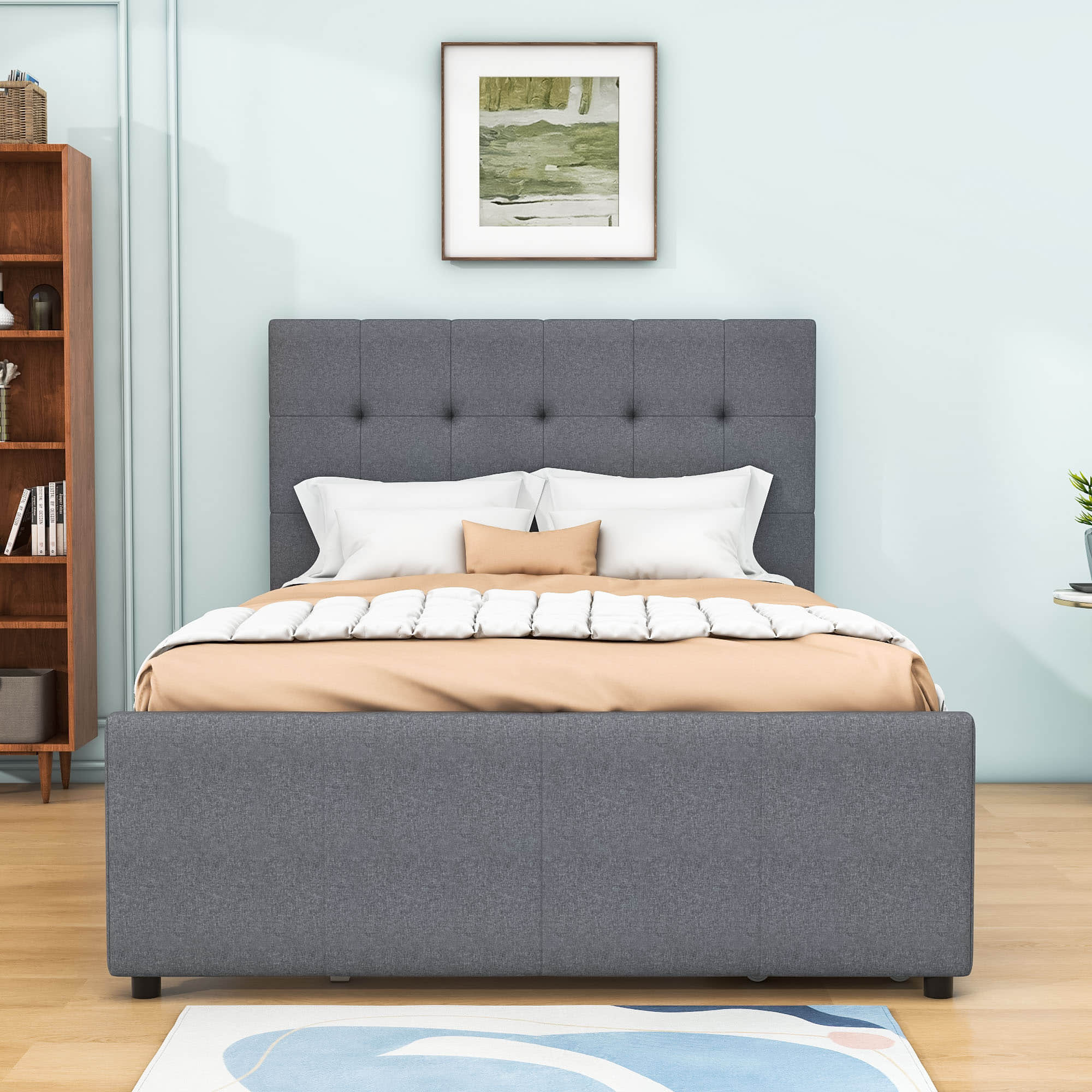 Full Size Linen Upholstered Platform Bed with Storage and Headboard - [Drawers]