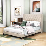 Queen Size Linen Upholstered Bed Frame with Tufted Headboard