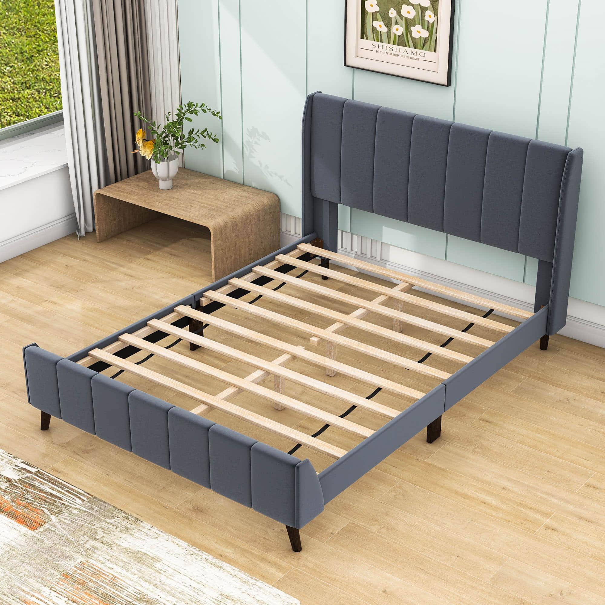 Modern Velvet Upholstered Queen Bed Frame with Wingback Headboard