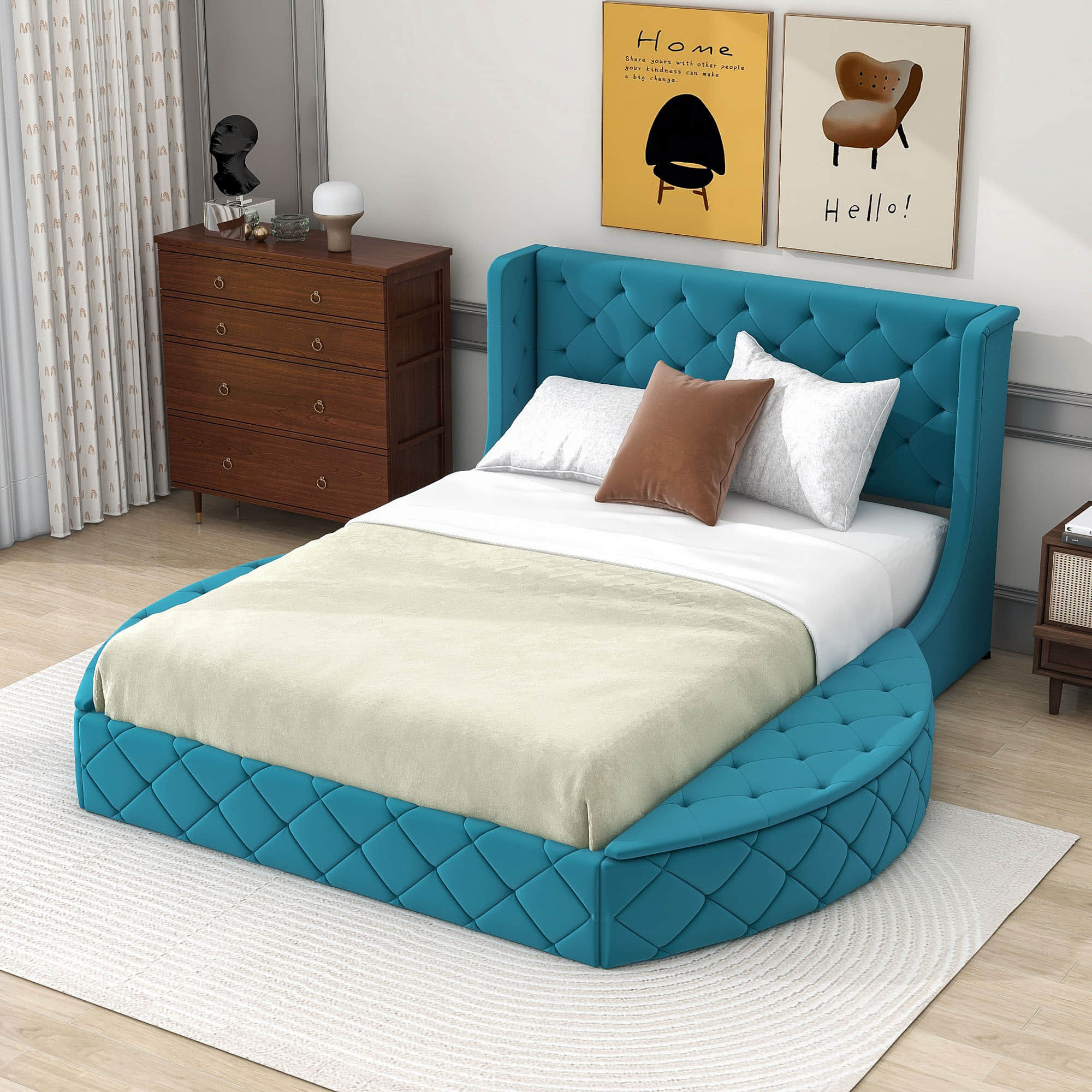 Upholstered Queen Platform Bed Frame with Wingback Headboard and Storage