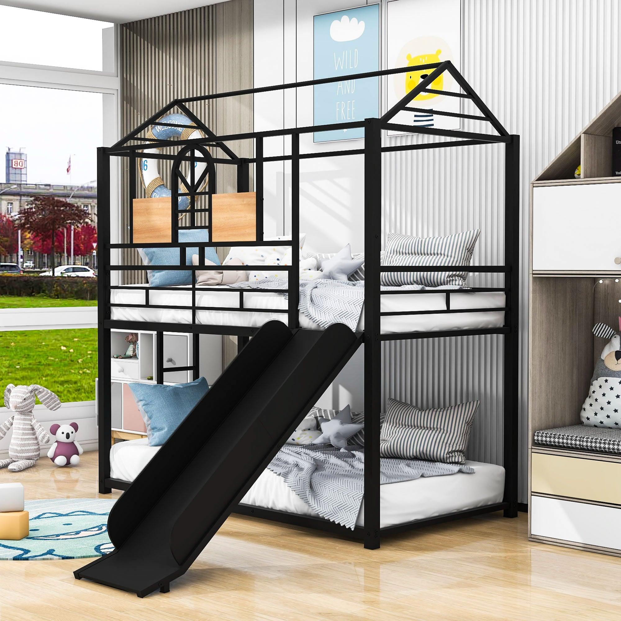 Low House Twin Over Twin Bunk Beds with Slide for Kids Toddler - [Metal]