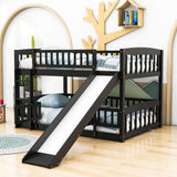 Full Over Full Low Bunk Beds with Slide and Fence - [Interchangeable Ladder, Floor]