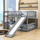 Full Over Full Low Bunk Beds with Slide and Fence - [Interchangeable Ladder, Floor]