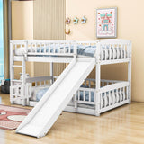 Full Over Full Low Bunk Beds with Slide and Fence - [Interchangeable Ladder, Floor]