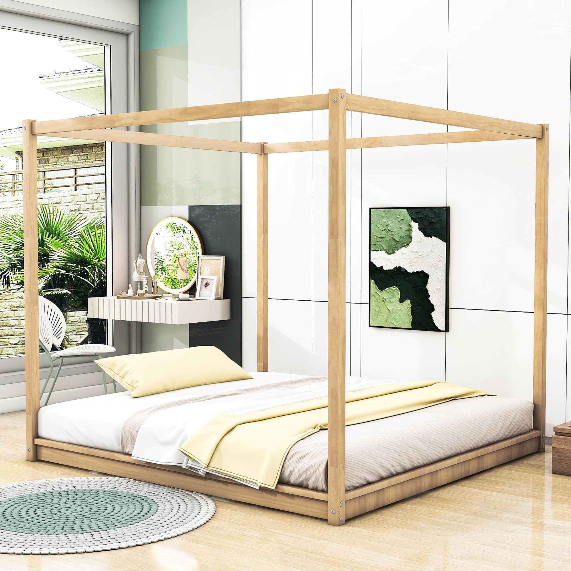 Modern Wood King Size Canopy Floor Bed Frame for Adults