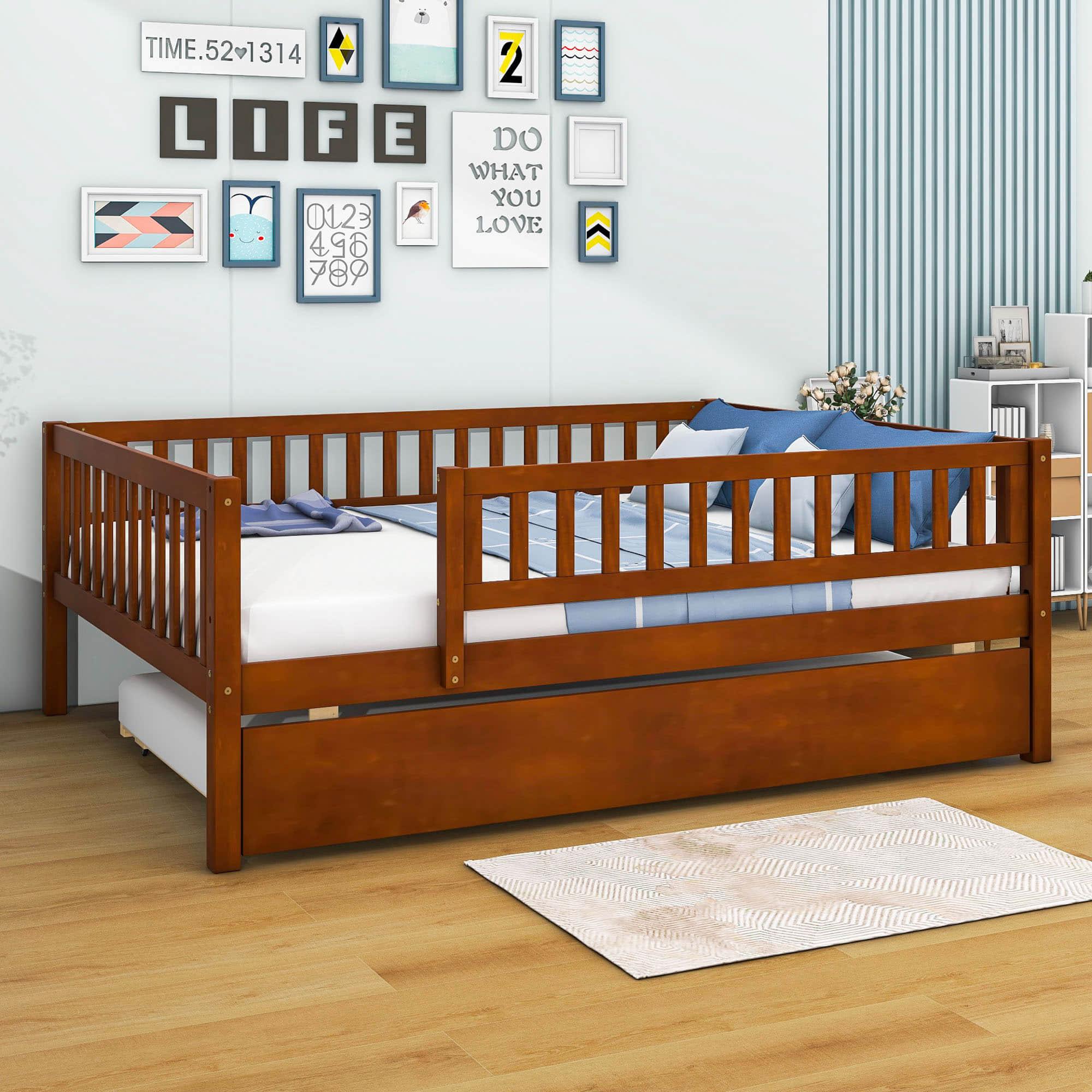 Wooden Full Size Low Kids Bed with Twin Size Trundle and Rails