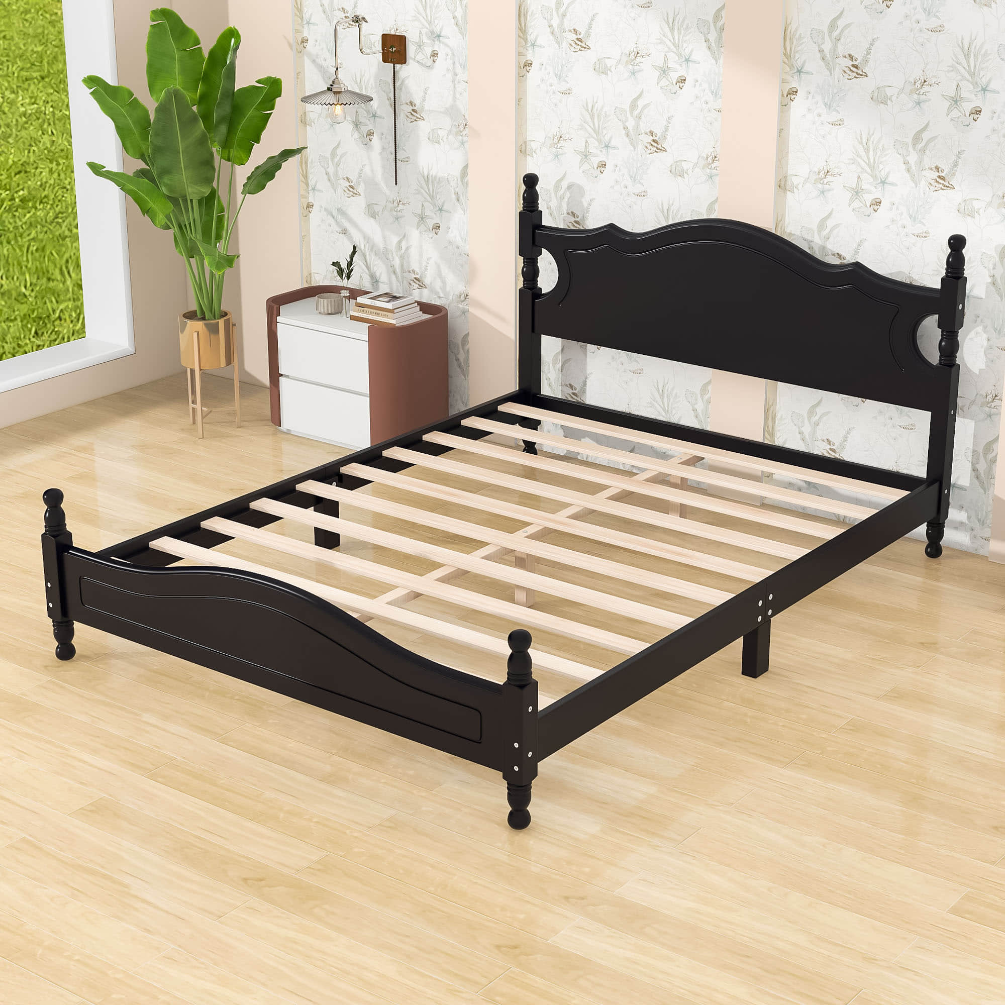 Traditional Wood Queen Size Low Profile Platform Bed Frame with Headboard