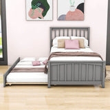 Twin Size Wood Platform Bed with Twin Trundle and Headboard