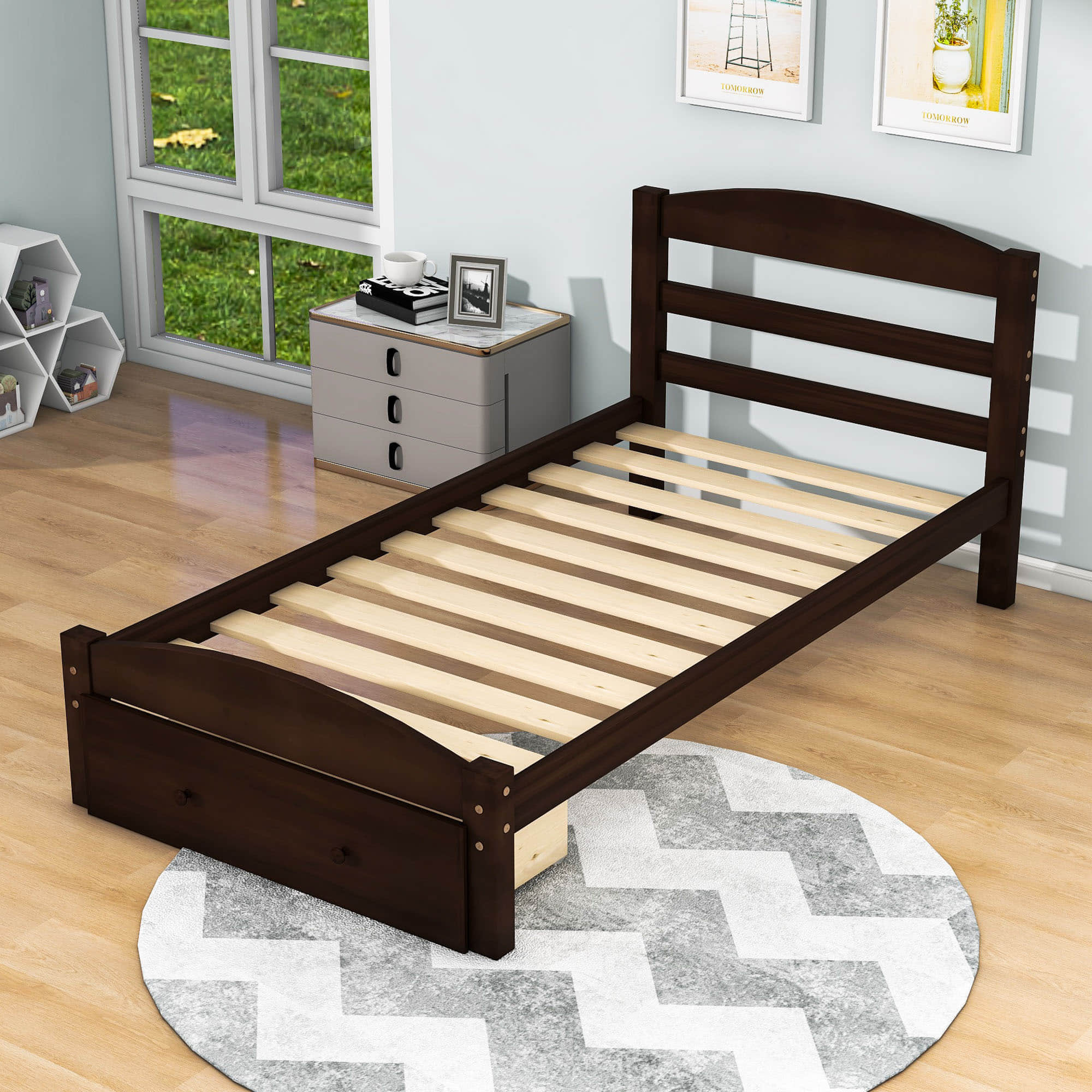 Wood Twin Bed Frame with Headboard and Storage Kids Bedroom Furniture