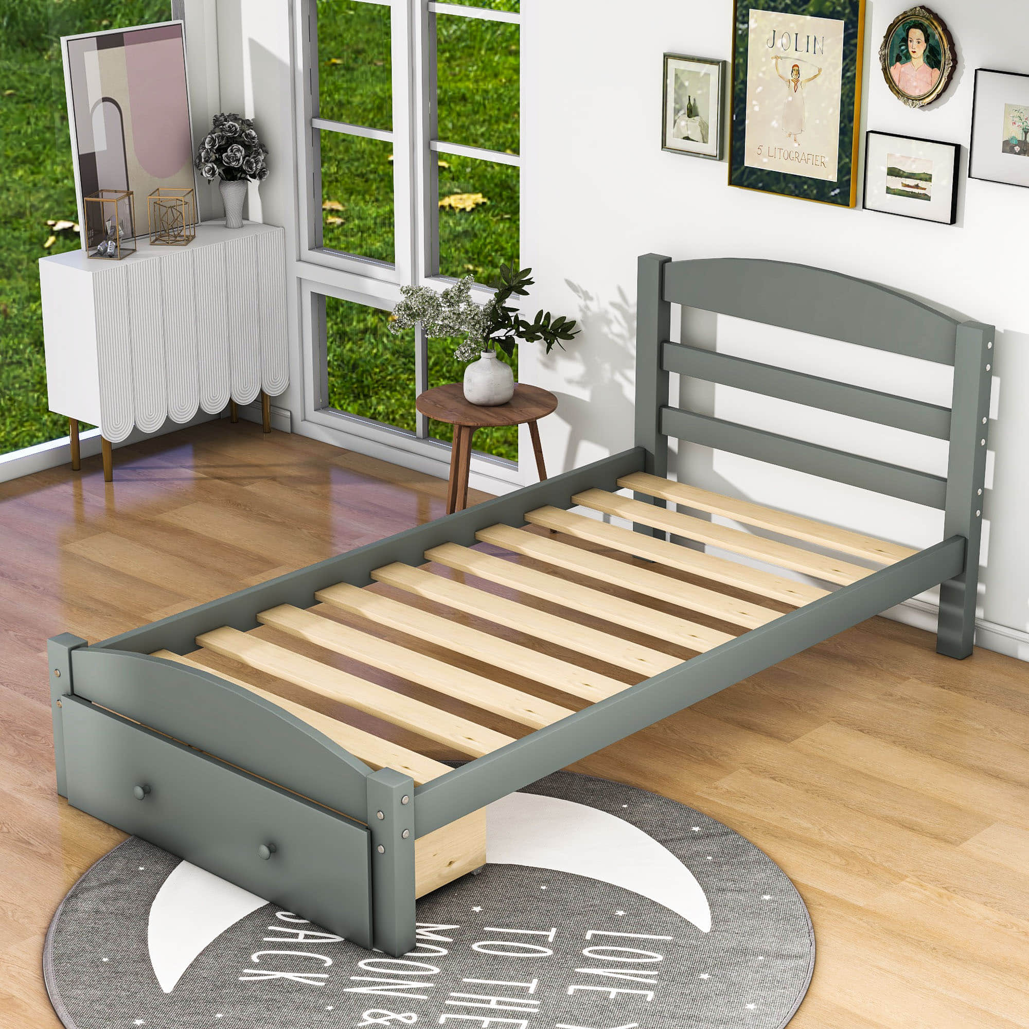 Wood Twin Bed Frame with Headboard and Storage Kids Bedroom Furniture