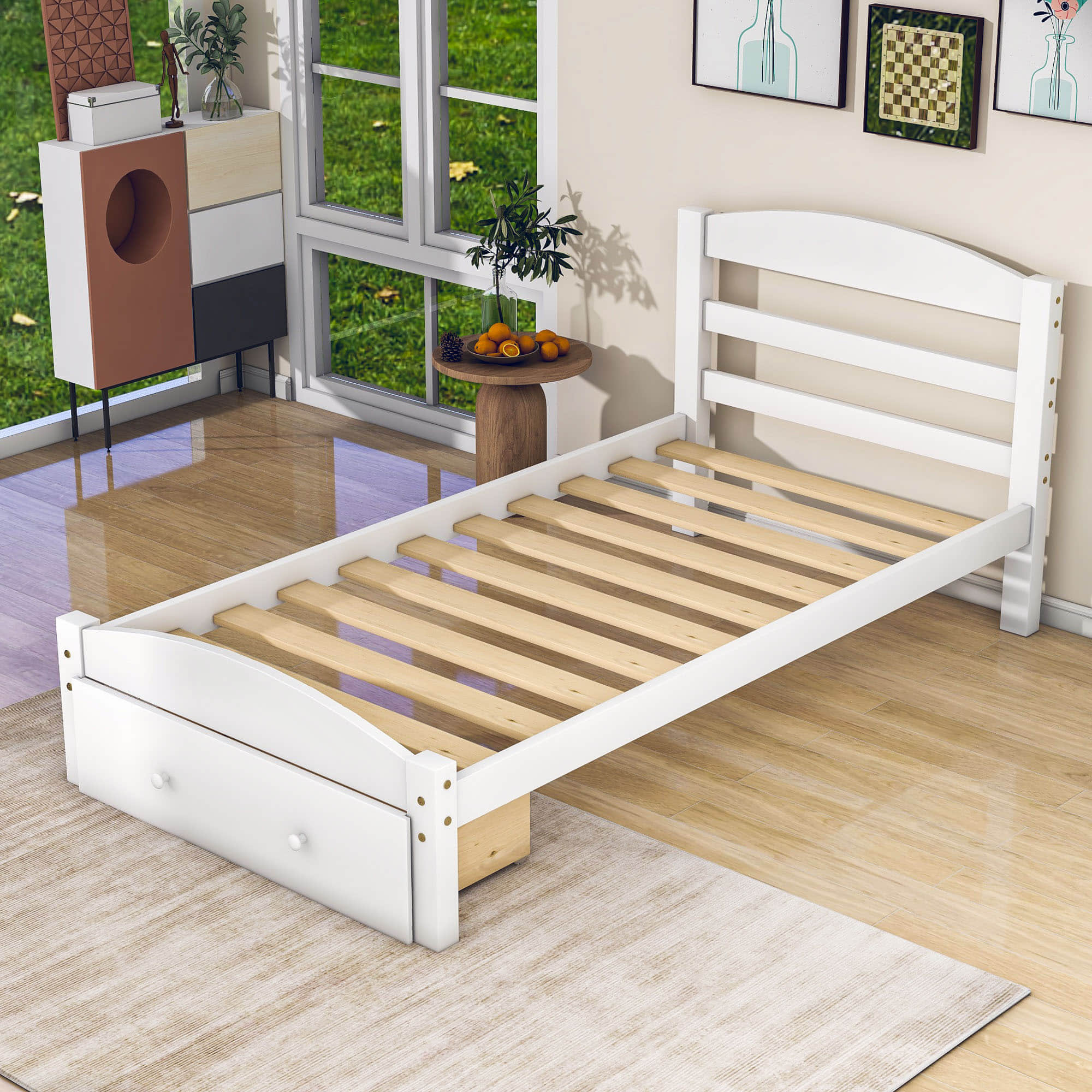 Wood Twin Bed Frame with Headboard and Storage Kids Bedroom Furniture