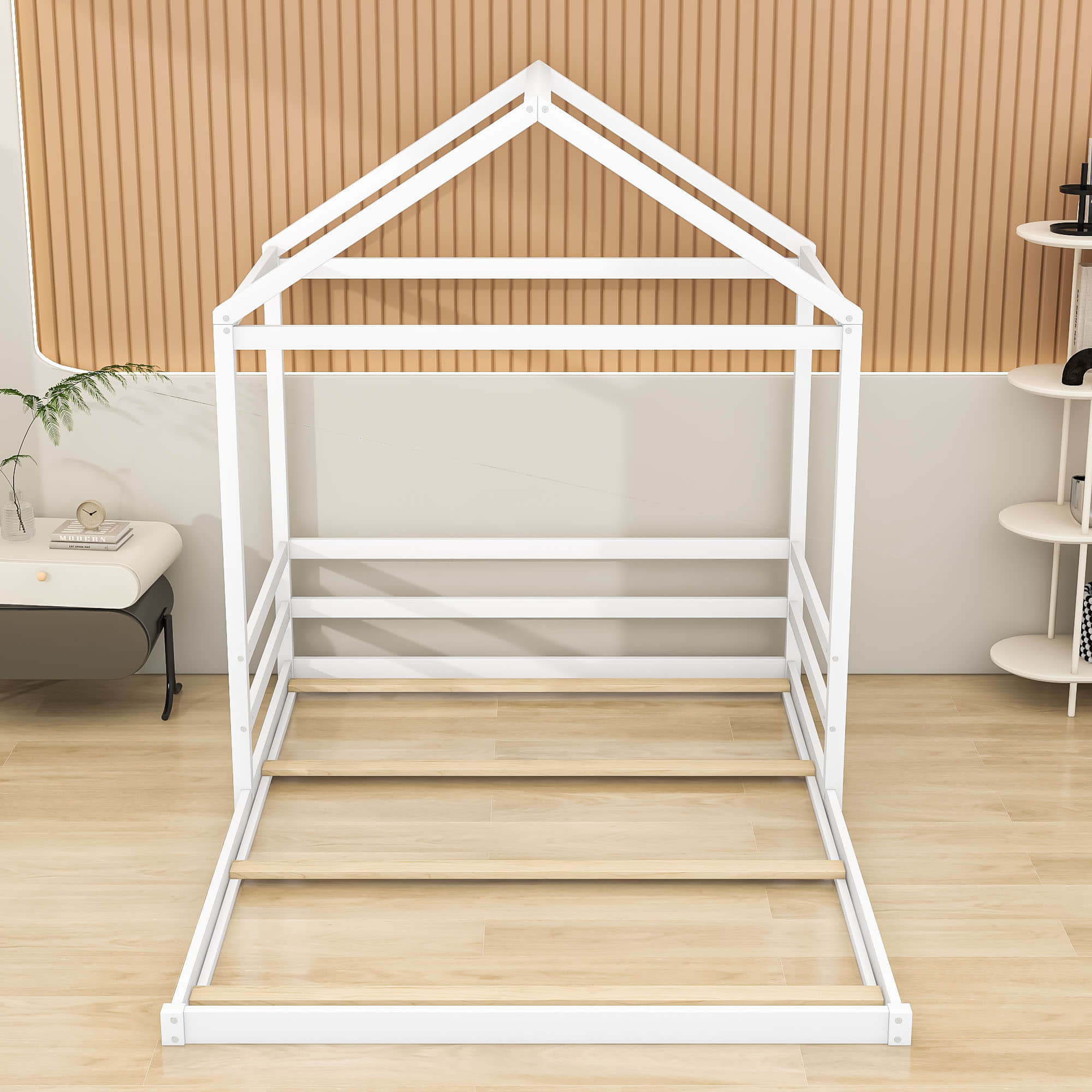 Wood House-Shaped Full Size Toddler Floor Bed with Rails