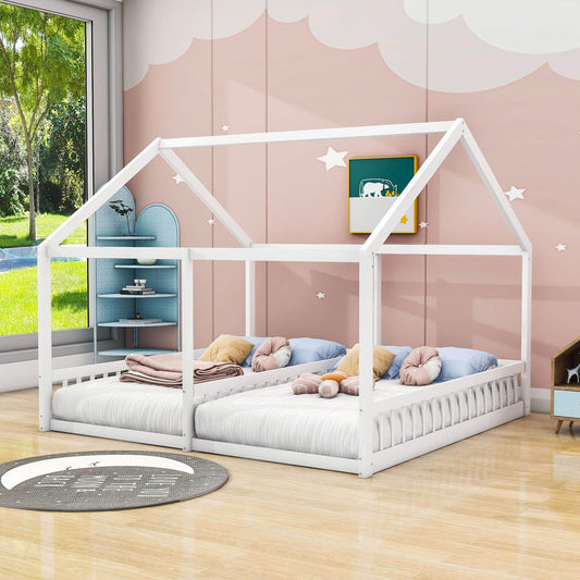 Montessori Double Twin House Floor Bed with Rails for Kids, Toddler