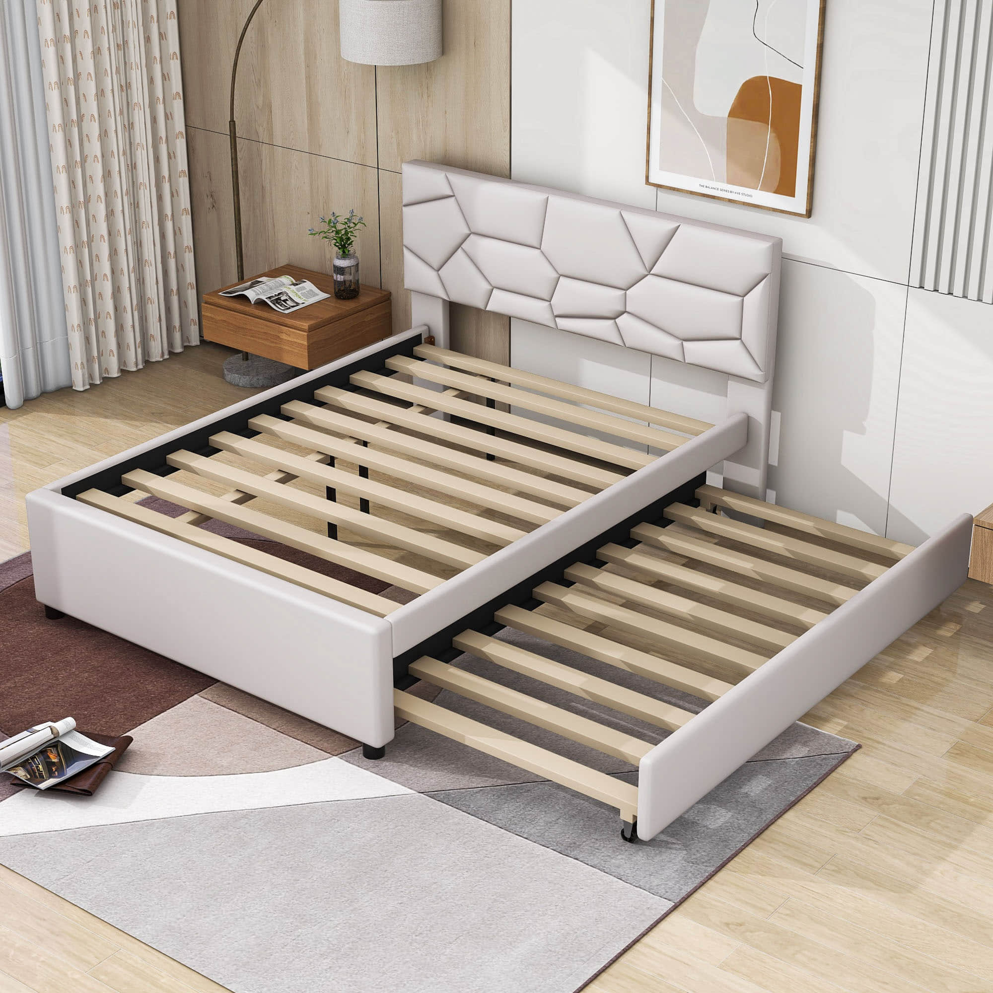 Full Upholstered Platform Bed Frame with Headboard, Twin Trundle Bed