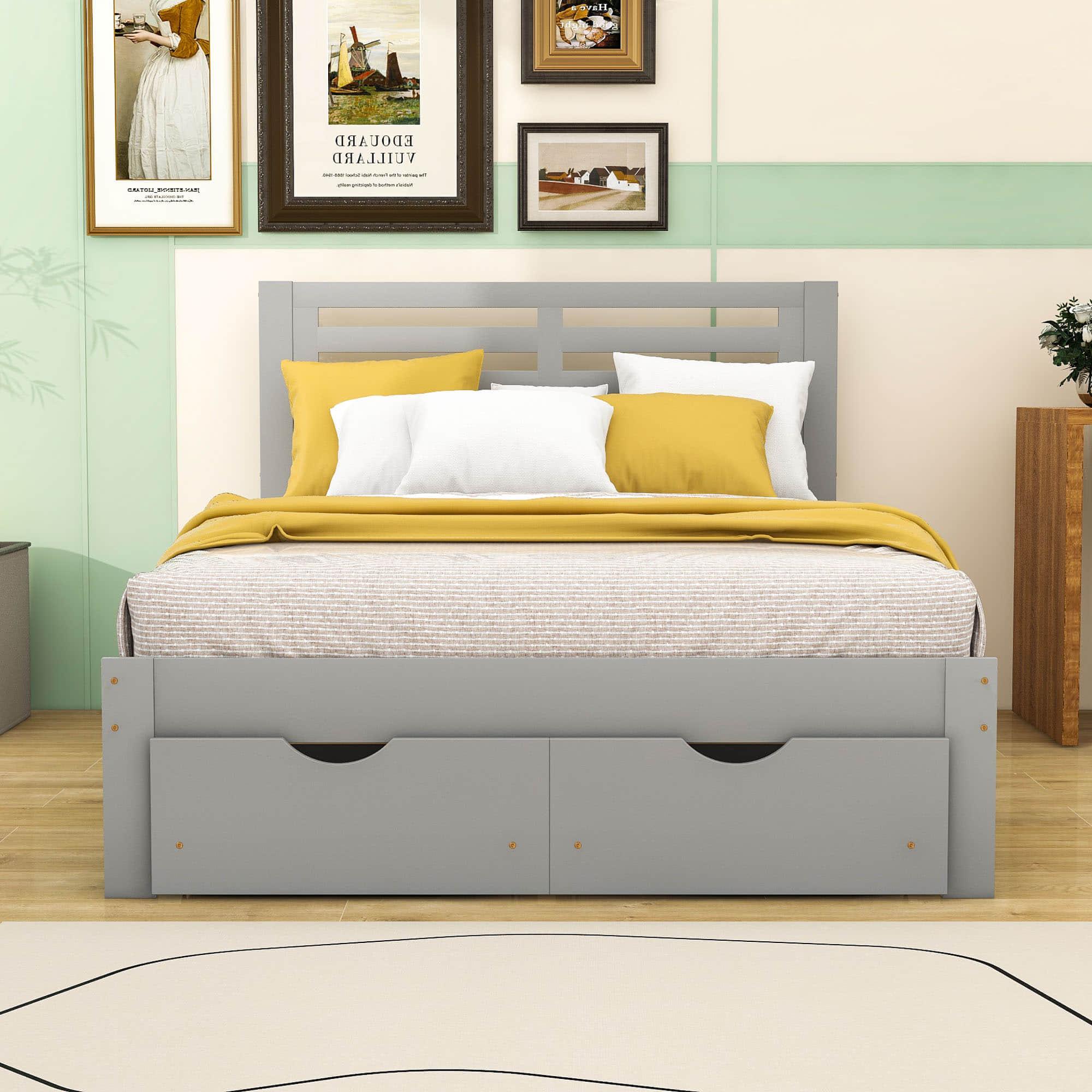 Wood Full Size Platform Bed Frame with Headboard and Storage