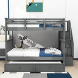 Wooden Full Over Full Bunk Beds with Trundle and Storage - [Stairs, Shelves, Detachable]