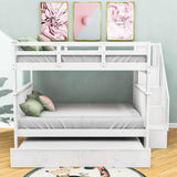 Wooden Full Over Full Bunk Beds with Trundle and Storage - [Stairs, Shelves, Detachable]