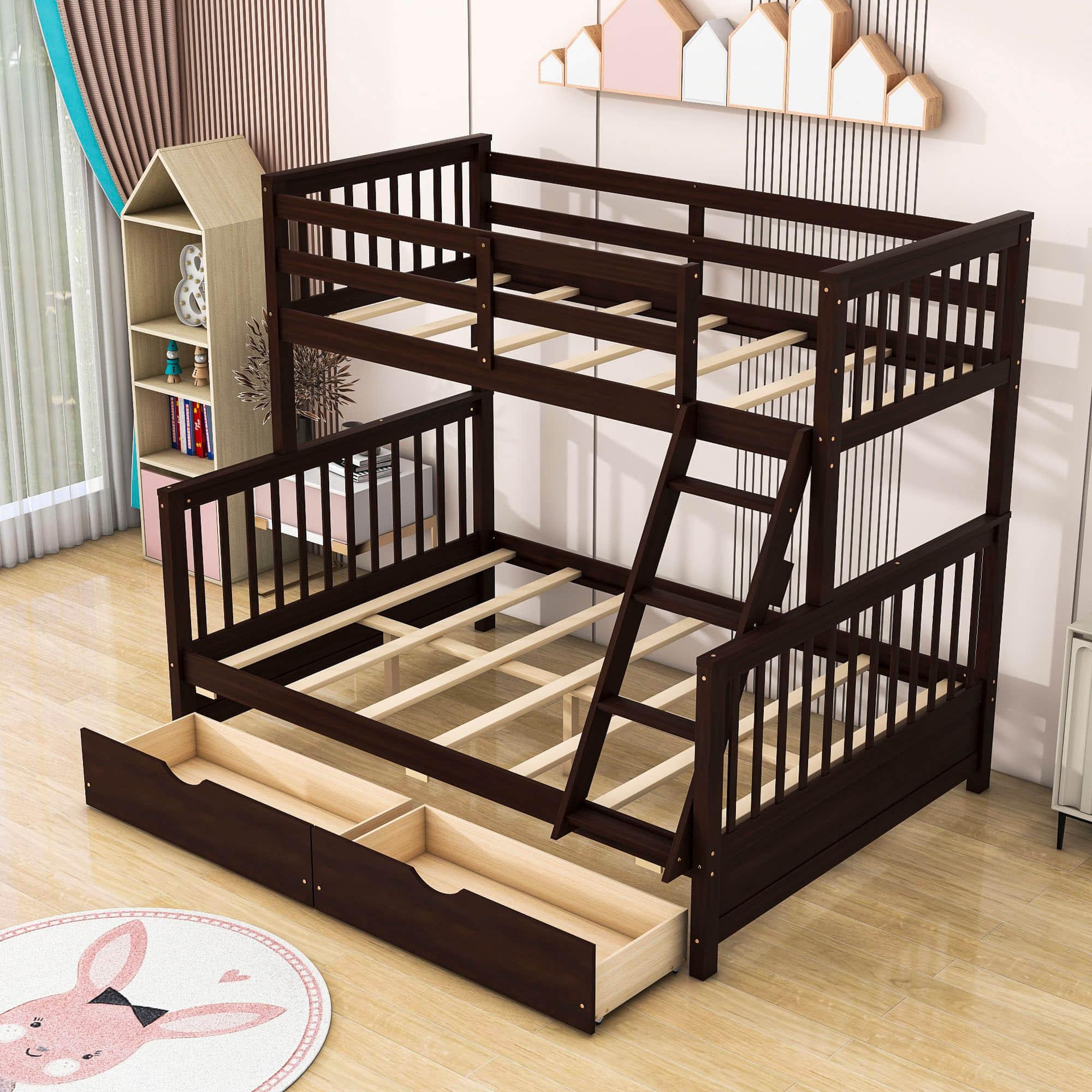 Wooden Classic Twin Over Full Bunk Bed with Ladder and Storage Drawers