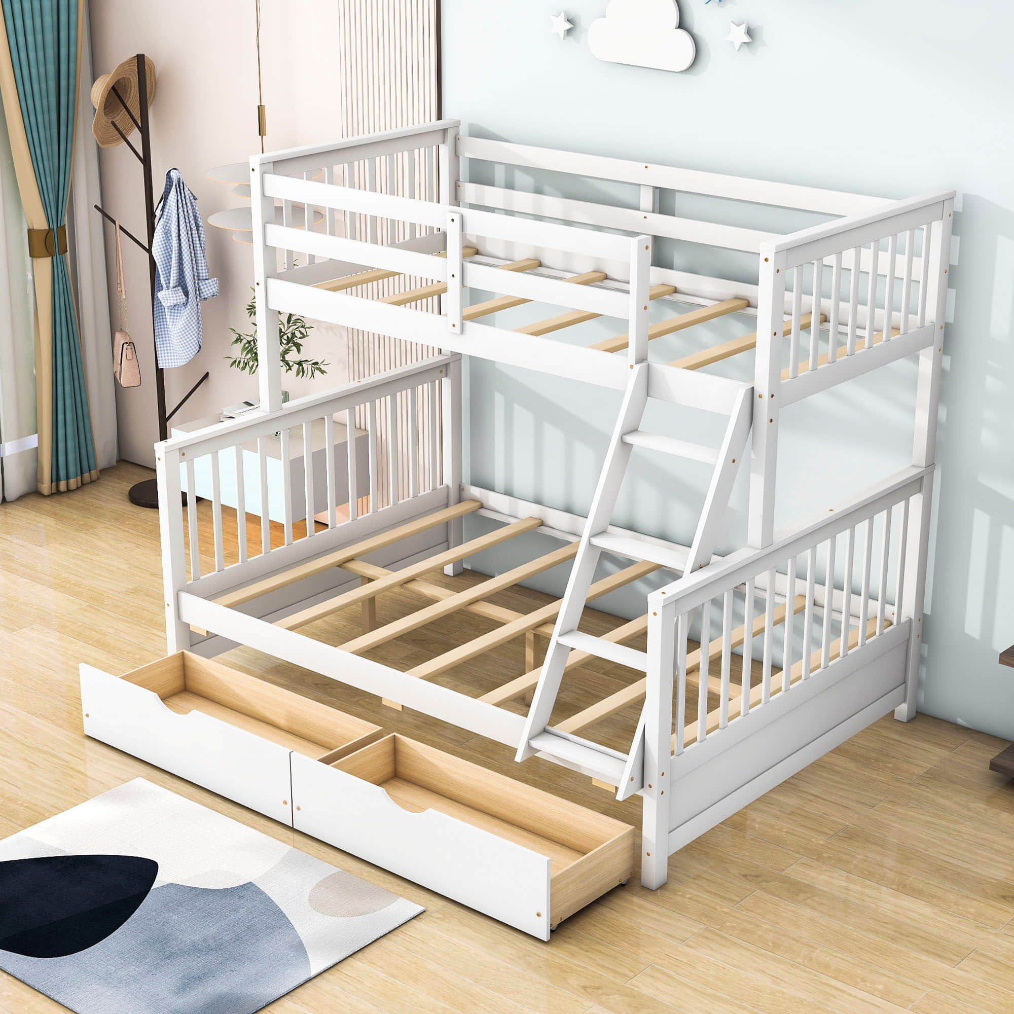 Wooden Classic Twin Over Full Bunk Bed with Ladder and Storage Drawers