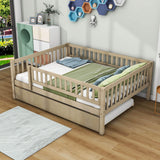 Wooden Full Size Low Kids Bed with Twin Size Trundle and Rails