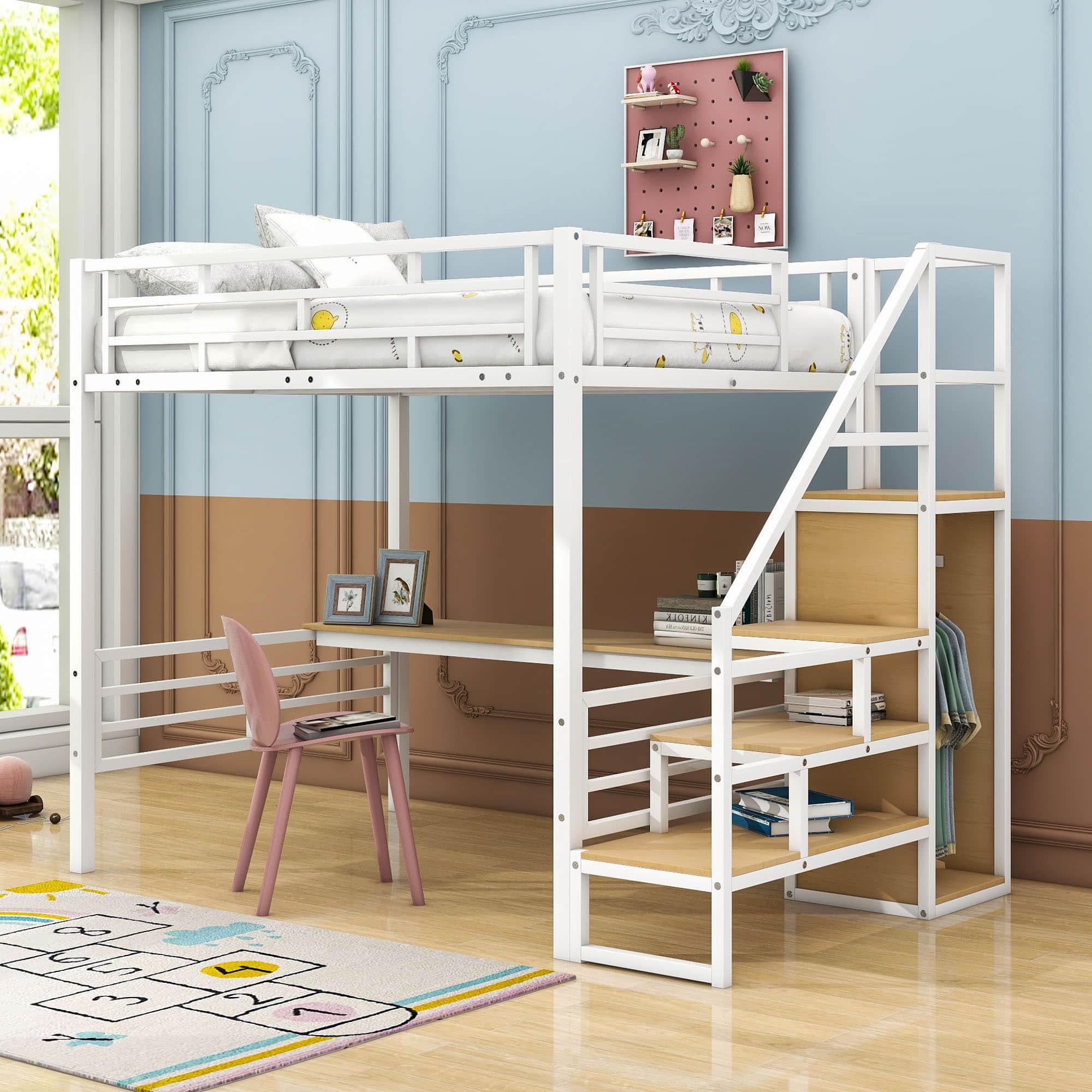 Full Size Loft Bed with Desk and Storage Stairs for Kids, Adult - [Wardrobe, Convertible]