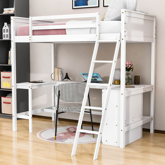 Wood Twin Size Loft Bed with Desk and Storage Shelves for Kids, Adult