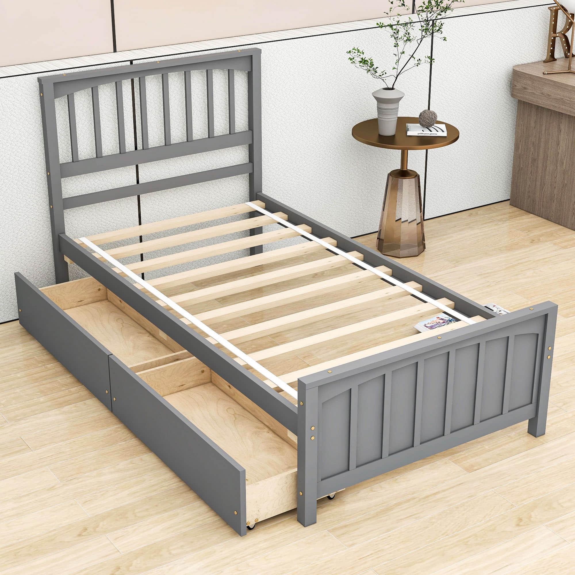 Wood Kids Storage Bed Frame with Headboard and Drawers