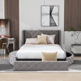 Upholstered Queen Platform Bed Frame with Wingback Headboard and Storage