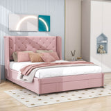 Queen Upholstered Bed Frame with Wingback Headboard and Storage