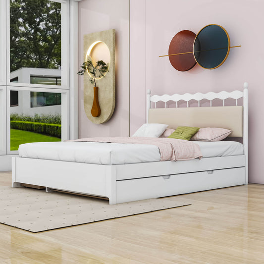 Wooden Queen Storage Bed with Headboard and Storage, Twin Trundle Bed