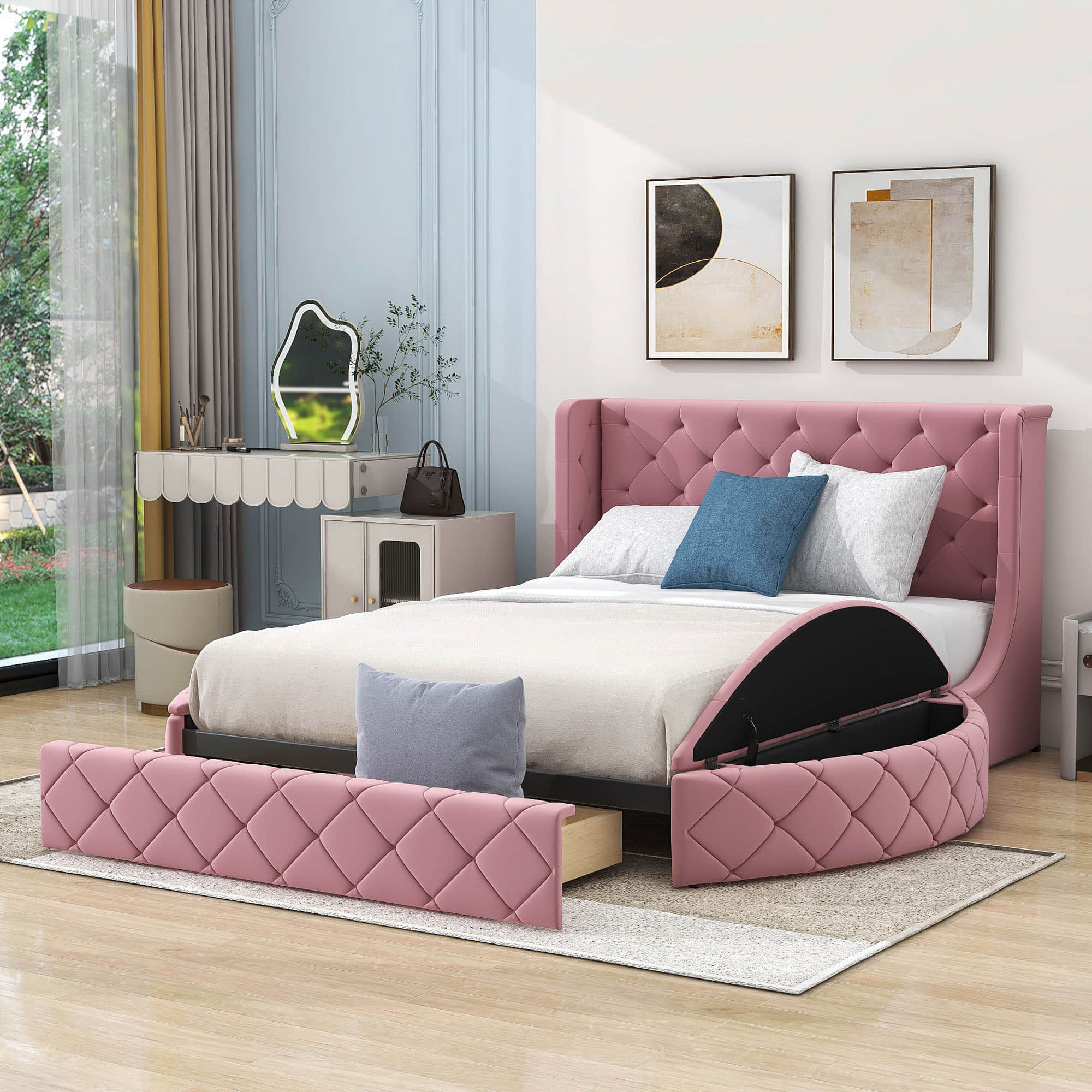 Upholstered Queen Platform Bed Frame with Wingback Headboard and Storage