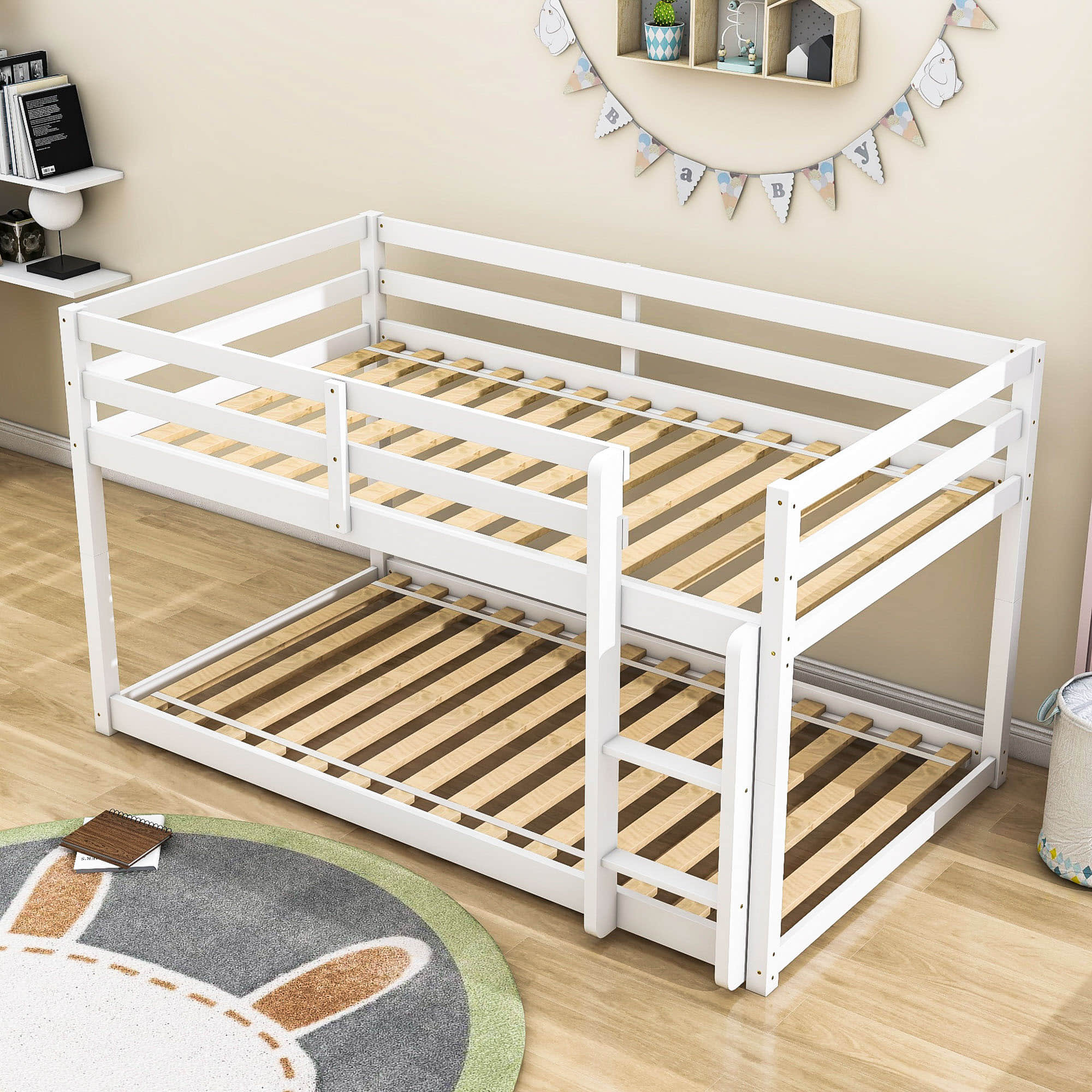 Wooden Low Twin Over Twin Floor Toddler Bunk Beds