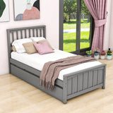 Twin Size Wood Platform Bed with Twin Trundle and Headboard