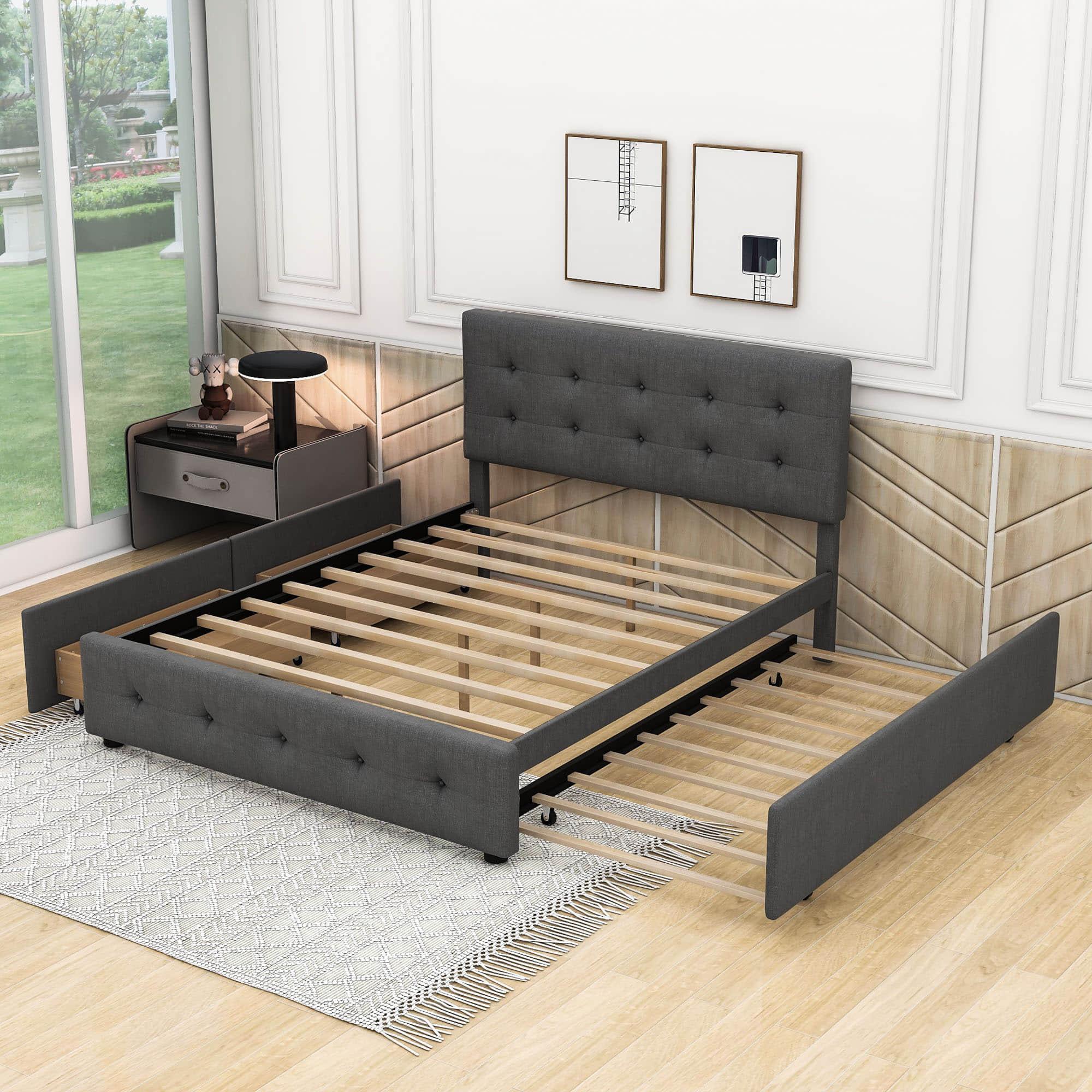 Upholstered Queen Size Platform Bed with Storage and Twin XL Trundle - [Headboard]