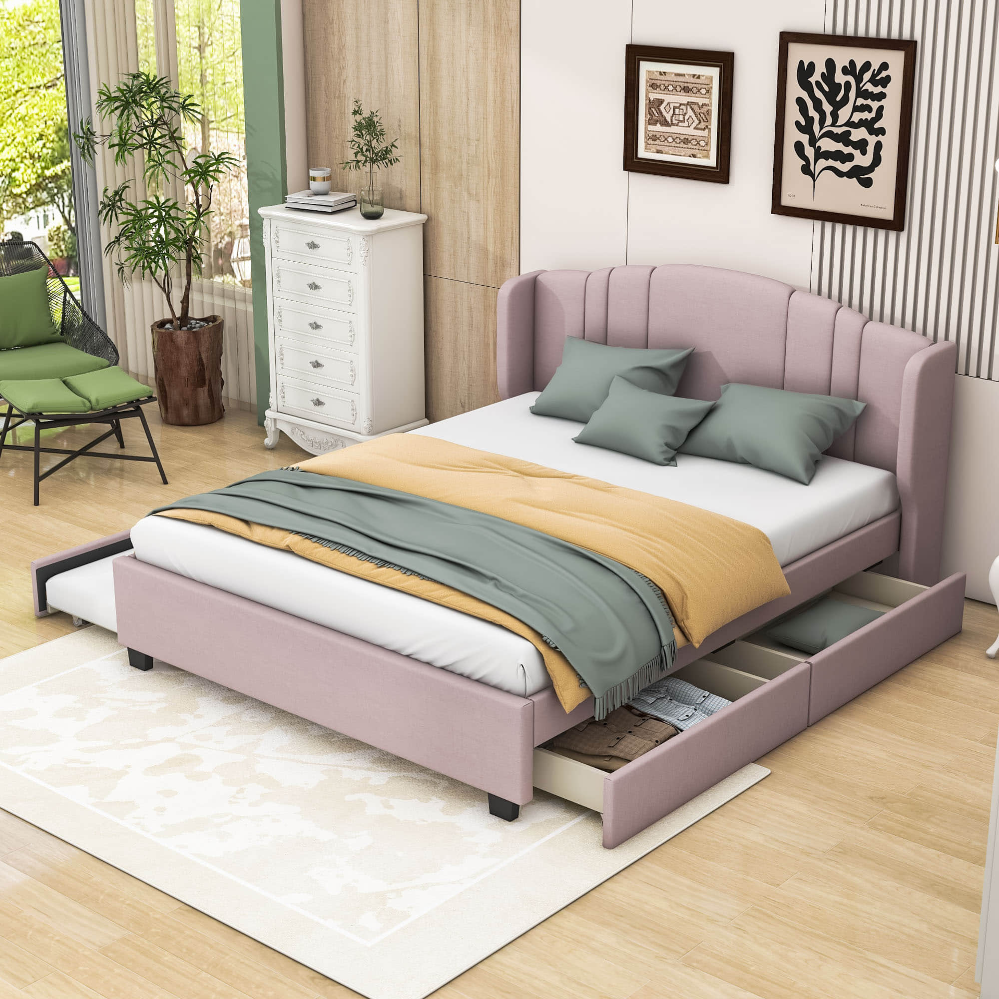 Modern Upholstered Queen Platform Bed Frame with Headboard and Storage