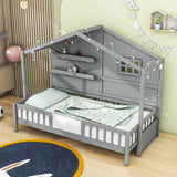 Low Profile Twin House Bed Frame for Kids with Rails and Light Strip