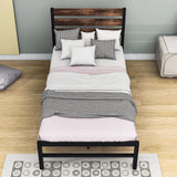 Rustic Twin Size Metal Bed Frame with Vintage Wood Headboard