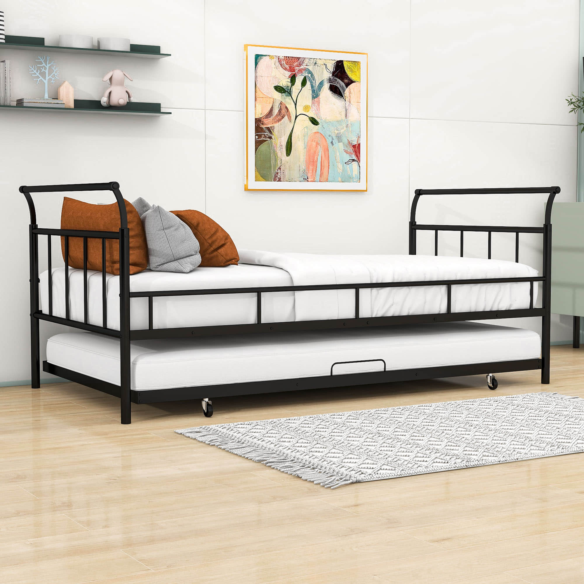 Metal Twin Daybed with Trundle and Curved Armrest - [Backless]