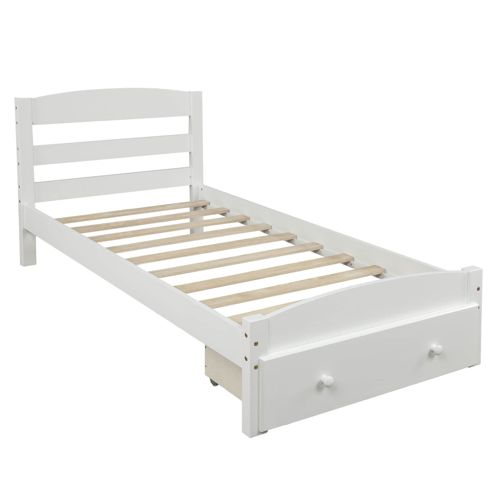 Wood Twin Bed Frame with Headboard and Storage Kids Bedroom Furniture