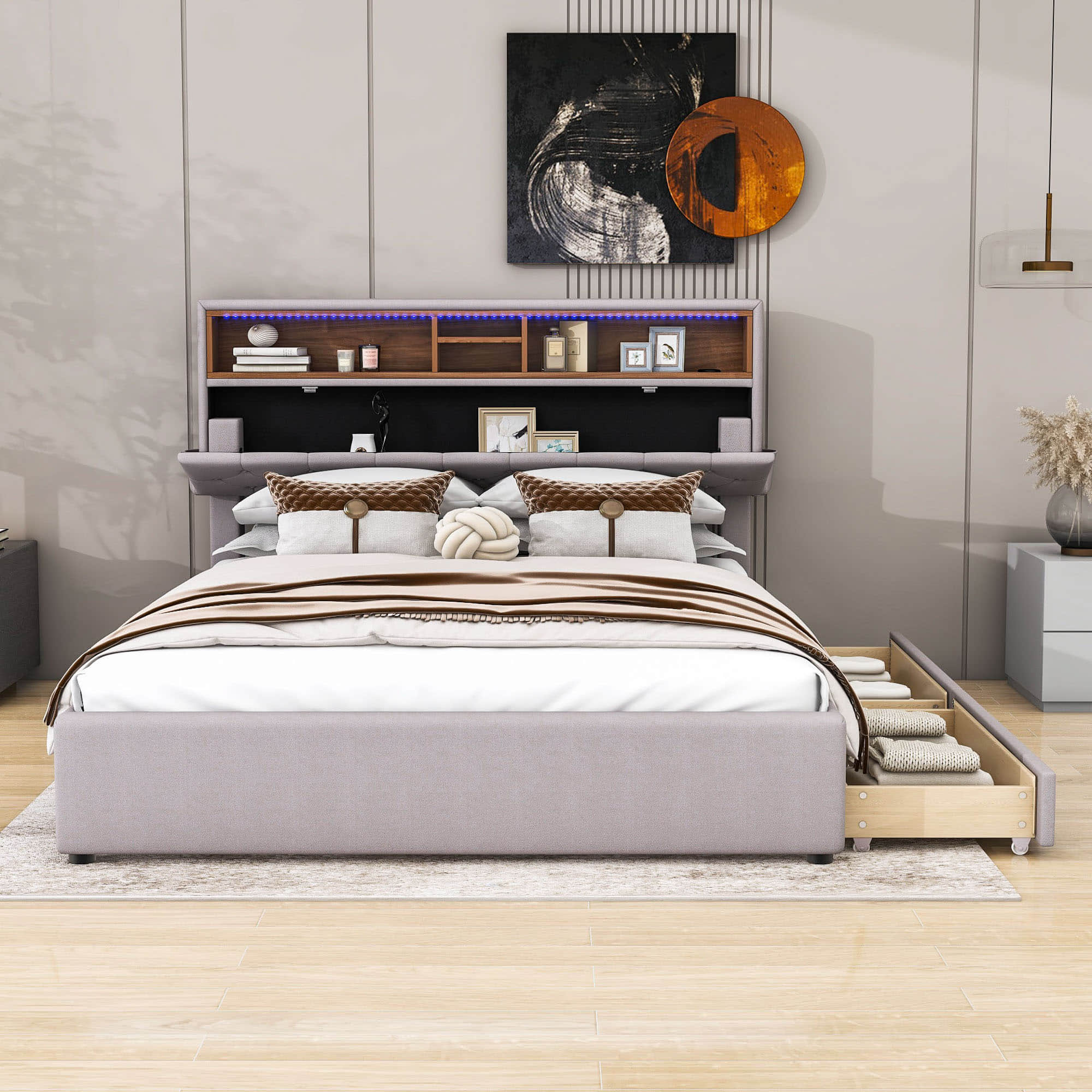 Modern Smart Queen Upholstered Bed Frame with Storage Headboard, LED Lights